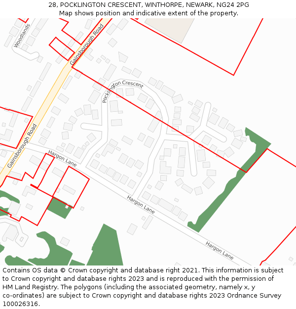 28, POCKLINGTON CRESCENT, WINTHORPE, NEWARK, NG24 2PG: Location map and indicative extent of plot