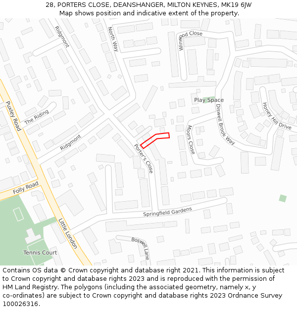 28, PORTERS CLOSE, DEANSHANGER, MILTON KEYNES, MK19 6JW: Location map and indicative extent of plot