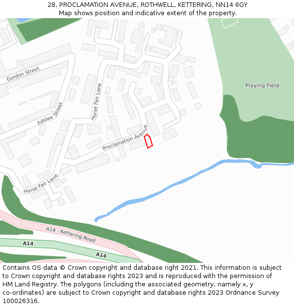 28, PROCLAMATION AVENUE, ROTHWELL, KETTERING, NN14 6GY: Location map and indicative extent of plot