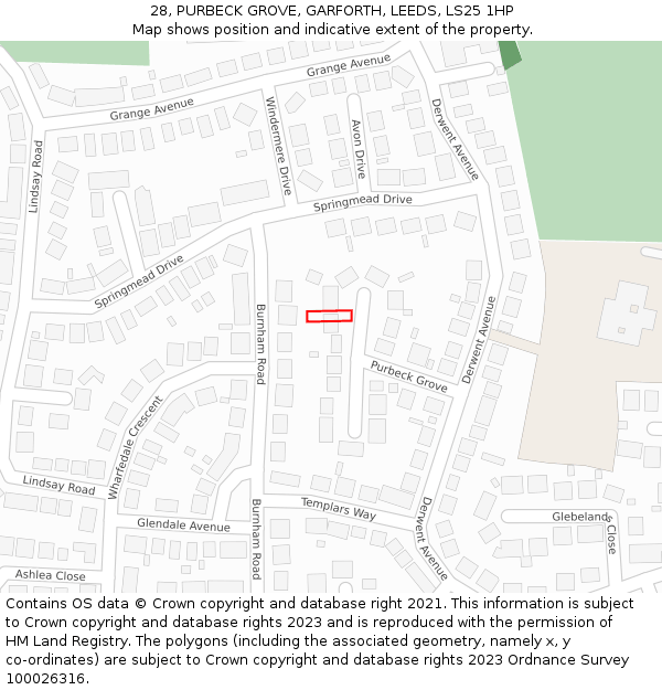 28, PURBECK GROVE, GARFORTH, LEEDS, LS25 1HP: Location map and indicative extent of plot