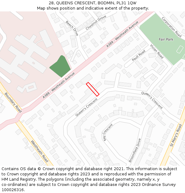 28, QUEENS CRESCENT, BODMIN, PL31 1QW: Location map and indicative extent of plot