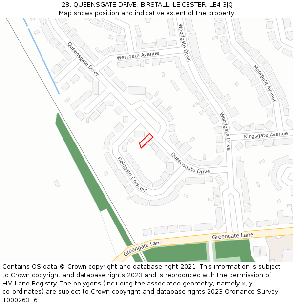 28, QUEENSGATE DRIVE, BIRSTALL, LEICESTER, LE4 3JQ: Location map and indicative extent of plot