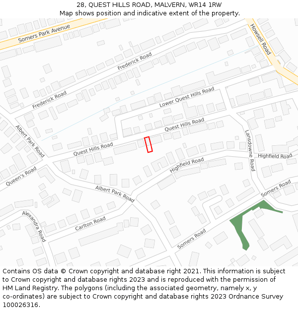 28, QUEST HILLS ROAD, MALVERN, WR14 1RW: Location map and indicative extent of plot