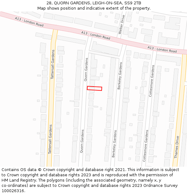 28, QUORN GARDENS, LEIGH-ON-SEA, SS9 2TB: Location map and indicative extent of plot