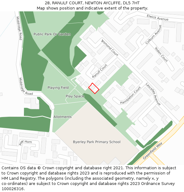 28, RANULF COURT, NEWTON AYCLIFFE, DL5 7HT: Location map and indicative extent of plot