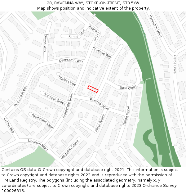 28, RAVENNA WAY, STOKE-ON-TRENT, ST3 5YW: Location map and indicative extent of plot