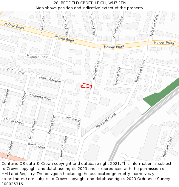 28, REDFIELD CROFT, LEIGH, WN7 1EN: Location map and indicative extent of plot