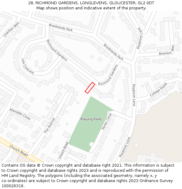 28, RICHMOND GARDENS, LONGLEVENS, GLOUCESTER, GL2 0DT: Location map and indicative extent of plot