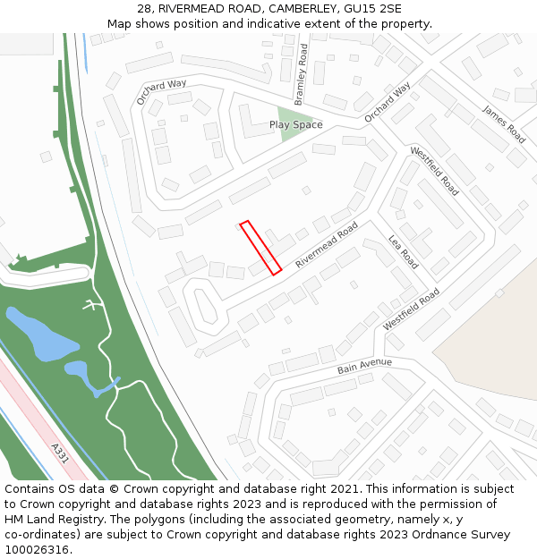 28, RIVERMEAD ROAD, CAMBERLEY, GU15 2SE: Location map and indicative extent of plot