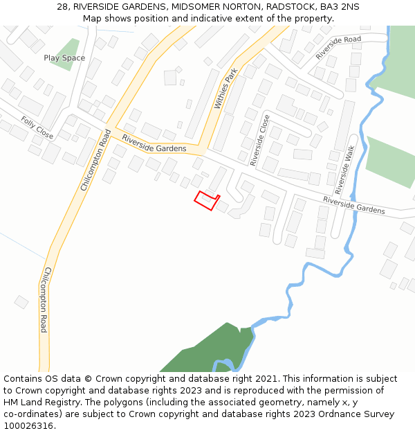 28, RIVERSIDE GARDENS, MIDSOMER NORTON, RADSTOCK, BA3 2NS: Location map and indicative extent of plot