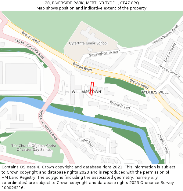 28, RIVERSIDE PARK, MERTHYR TYDFIL, CF47 8PQ: Location map and indicative extent of plot