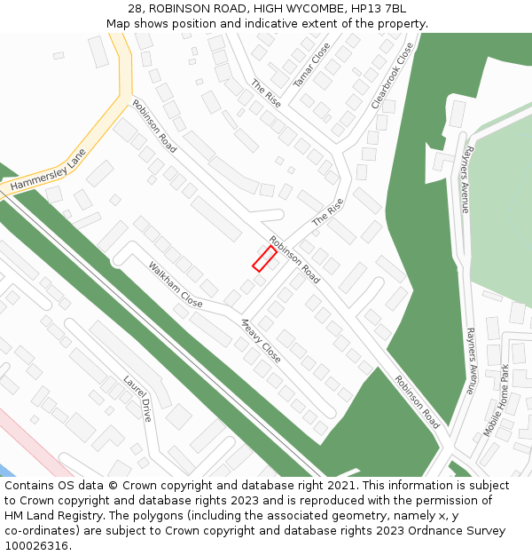 28, ROBINSON ROAD, HIGH WYCOMBE, HP13 7BL: Location map and indicative extent of plot