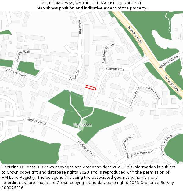 28, ROMAN WAY, WARFIELD, BRACKNELL, RG42 7UT: Location map and indicative extent of plot