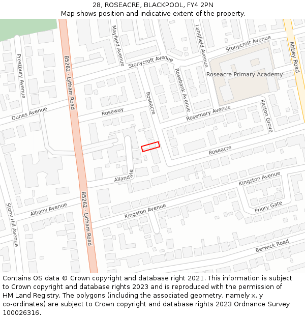 28, ROSEACRE, BLACKPOOL, FY4 2PN: Location map and indicative extent of plot