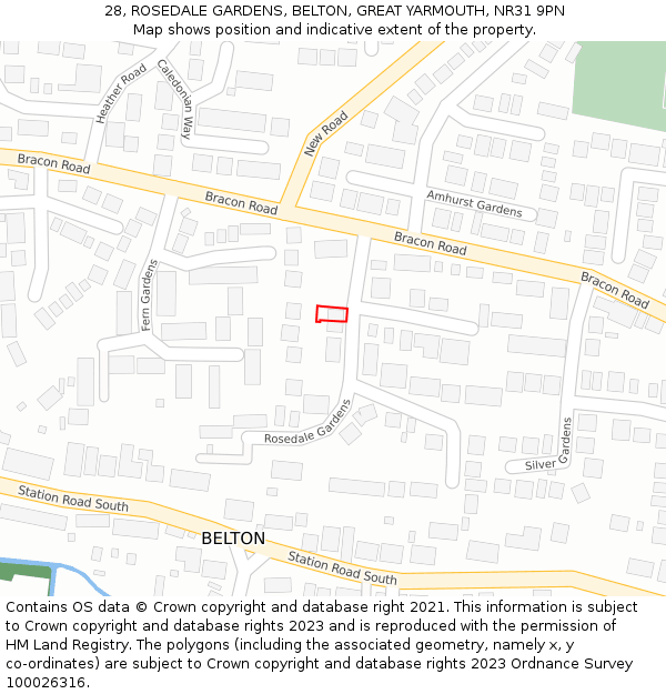 28, ROSEDALE GARDENS, BELTON, GREAT YARMOUTH, NR31 9PN: Location map and indicative extent of plot