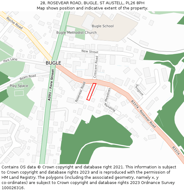 28, ROSEVEAR ROAD, BUGLE, ST AUSTELL, PL26 8PH: Location map and indicative extent of plot