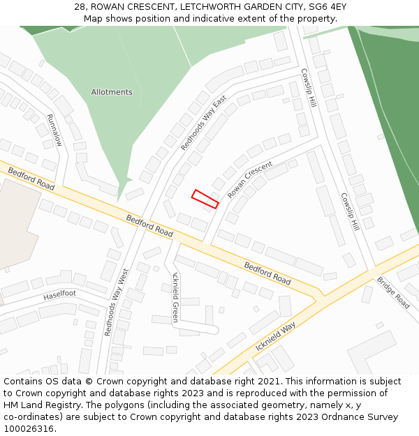 28, ROWAN CRESCENT, LETCHWORTH GARDEN CITY, SG6 4EY: Location map and indicative extent of plot