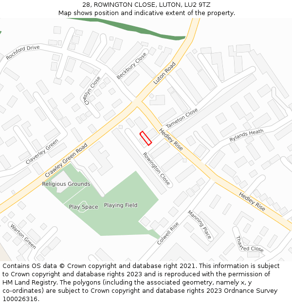 28, ROWINGTON CLOSE, LUTON, LU2 9TZ: Location map and indicative extent of plot