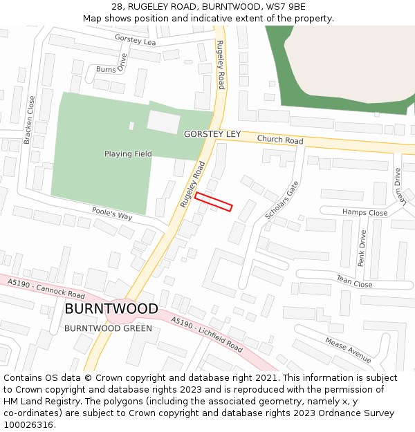 28, RUGELEY ROAD, BURNTWOOD, WS7 9BE: Location map and indicative extent of plot