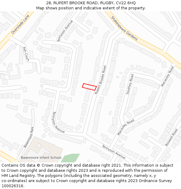 28, RUPERT BROOKE ROAD, RUGBY, CV22 6HQ: Location map and indicative extent of plot