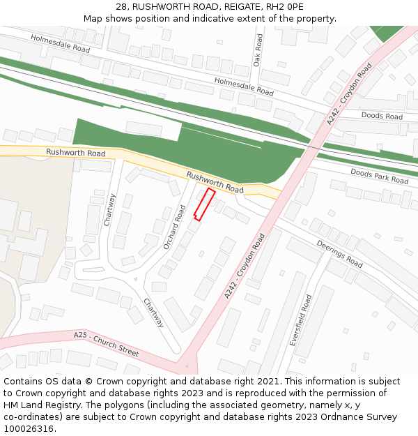 28, RUSHWORTH ROAD, REIGATE, RH2 0PE: Location map and indicative extent of plot
