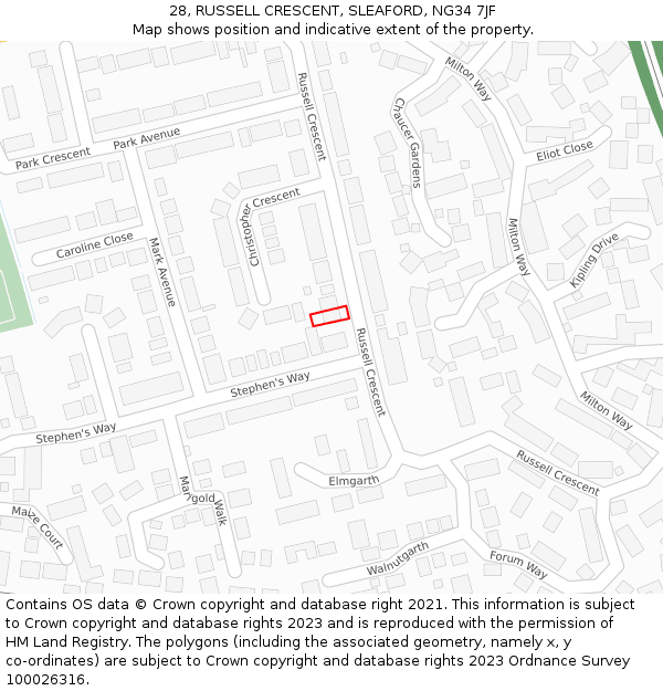 28, RUSSELL CRESCENT, SLEAFORD, NG34 7JF: Location map and indicative extent of plot