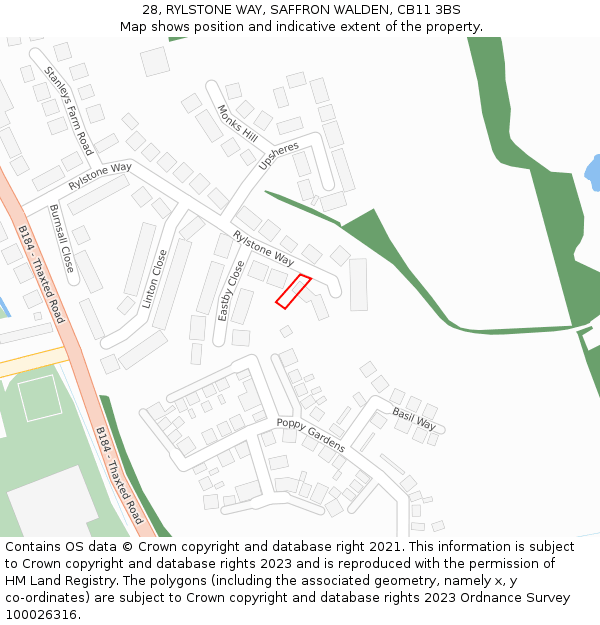 28, RYLSTONE WAY, SAFFRON WALDEN, CB11 3BS: Location map and indicative extent of plot