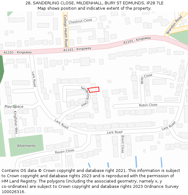 28, SANDERLING CLOSE, MILDENHALL, BURY ST EDMUNDS, IP28 7LE: Location map and indicative extent of plot
