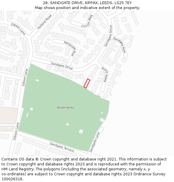 28, SANDGATE DRIVE, KIPPAX, LEEDS, LS25 7EY: Location map and indicative extent of plot