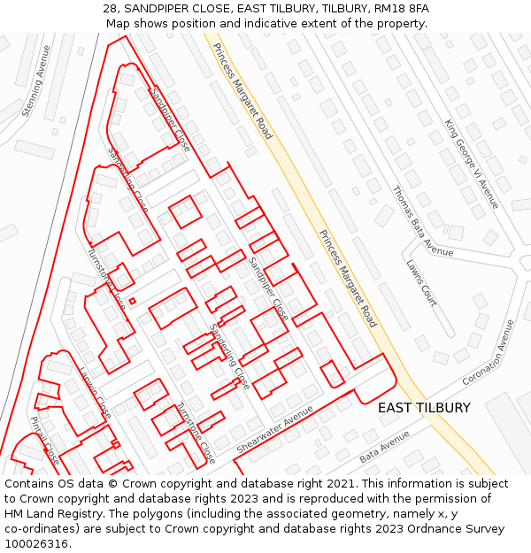 28, SANDPIPER CLOSE, EAST TILBURY, TILBURY, RM18 8FA: Location map and indicative extent of plot