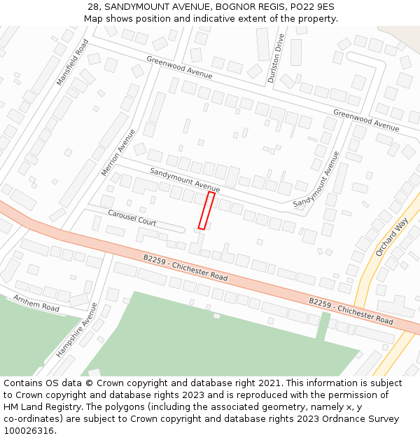 28, SANDYMOUNT AVENUE, BOGNOR REGIS, PO22 9ES: Location map and indicative extent of plot