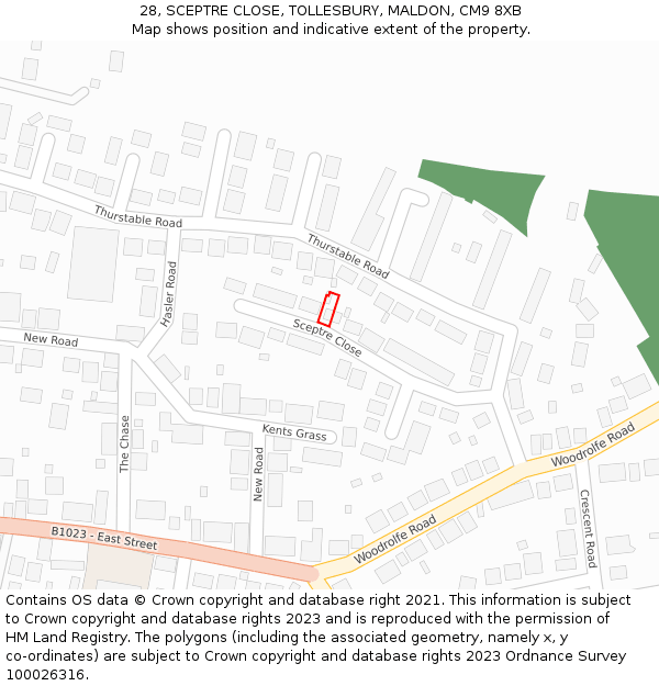 28, SCEPTRE CLOSE, TOLLESBURY, MALDON, CM9 8XB: Location map and indicative extent of plot