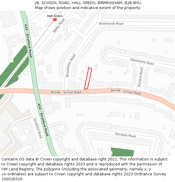 28, SCHOOL ROAD, HALL GREEN, BIRMINGHAM, B28 8HU: Location map and indicative extent of plot