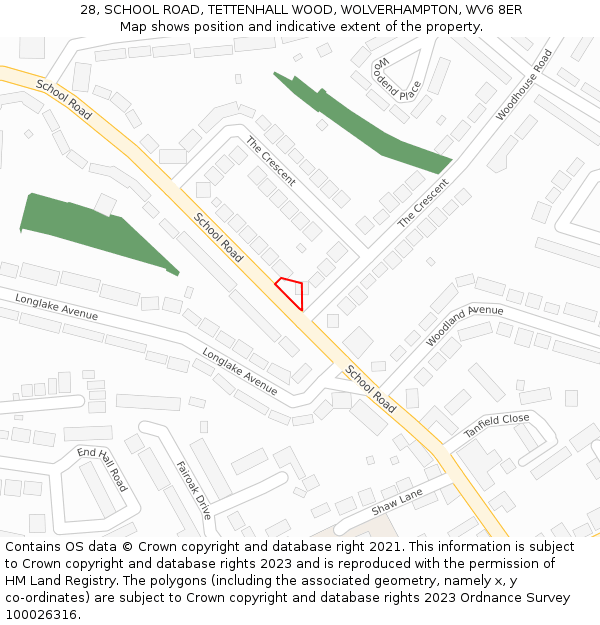 28, SCHOOL ROAD, TETTENHALL WOOD, WOLVERHAMPTON, WV6 8ER: Location map and indicative extent of plot