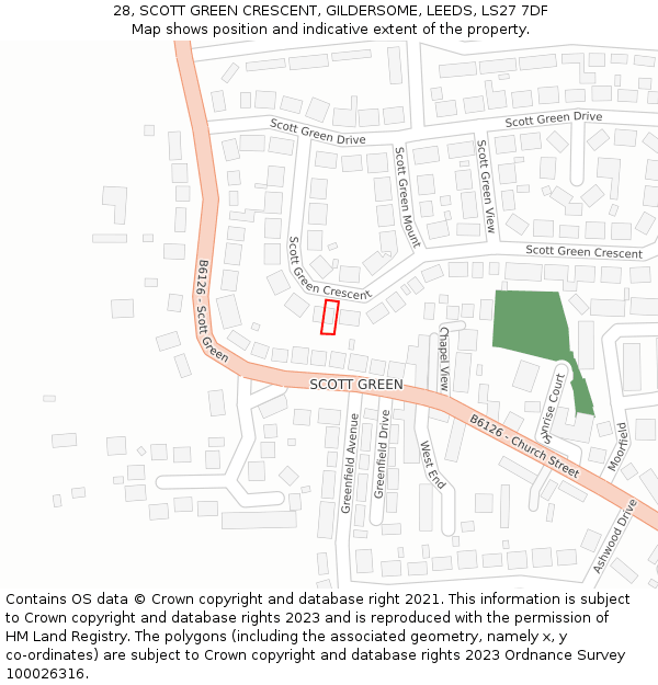 28, SCOTT GREEN CRESCENT, GILDERSOME, LEEDS, LS27 7DF: Location map and indicative extent of plot