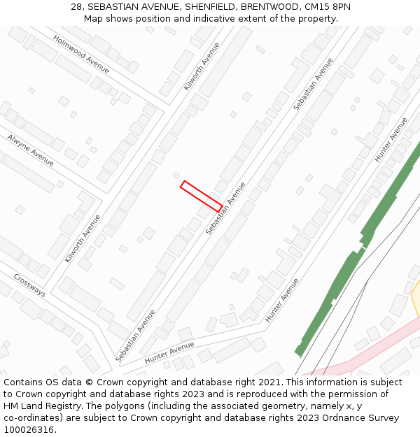 28, SEBASTIAN AVENUE, SHENFIELD, BRENTWOOD, CM15 8PN: Location map and indicative extent of plot