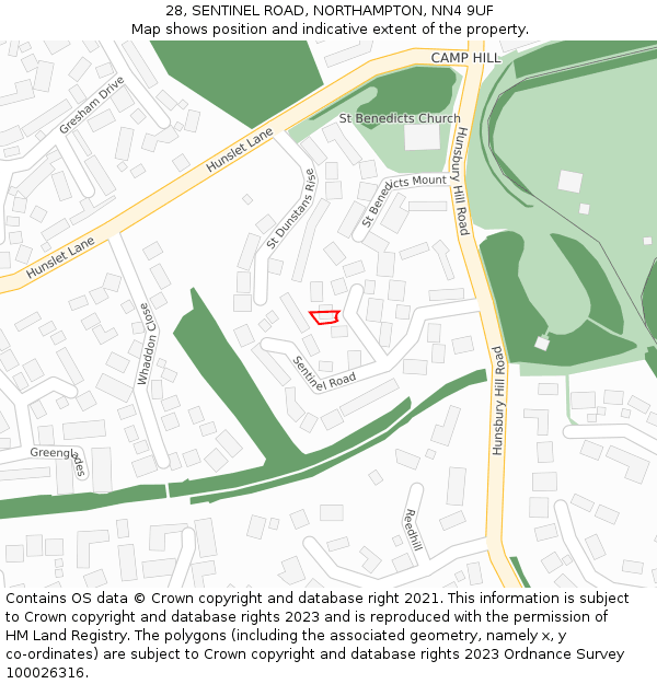 28, SENTINEL ROAD, NORTHAMPTON, NN4 9UF: Location map and indicative extent of plot