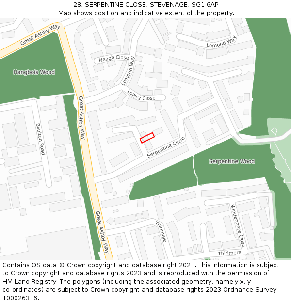 28, SERPENTINE CLOSE, STEVENAGE, SG1 6AP: Location map and indicative extent of plot