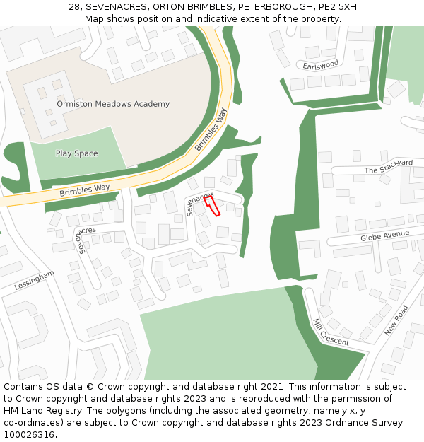 28, SEVENACRES, ORTON BRIMBLES, PETERBOROUGH, PE2 5XH: Location map and indicative extent of plot