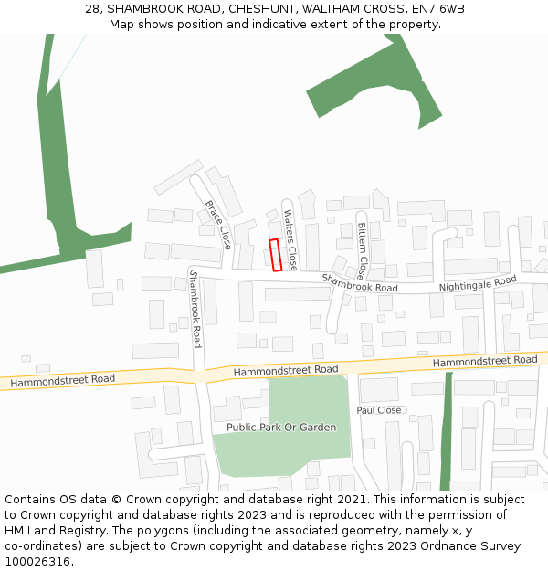 28, SHAMBROOK ROAD, CHESHUNT, WALTHAM CROSS, EN7 6WB: Location map and indicative extent of plot