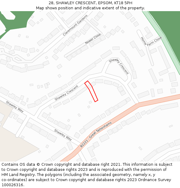 28, SHAWLEY CRESCENT, EPSOM, KT18 5PH: Location map and indicative extent of plot
