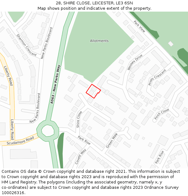 28, SHIRE CLOSE, LEICESTER, LE3 6SN: Location map and indicative extent of plot