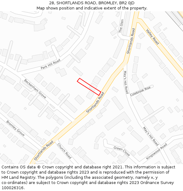 28, SHORTLANDS ROAD, BROMLEY, BR2 0JD: Location map and indicative extent of plot