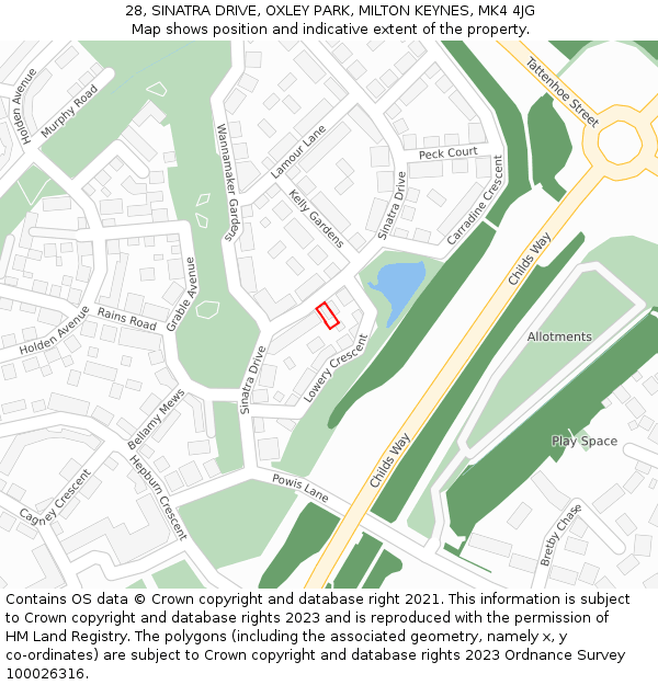 28, SINATRA DRIVE, OXLEY PARK, MILTON KEYNES, MK4 4JG: Location map and indicative extent of plot