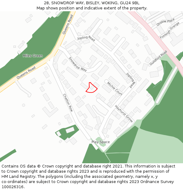 28, SNOWDROP WAY, BISLEY, WOKING, GU24 9BL: Location map and indicative extent of plot