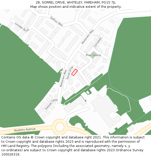 28, SORREL DRIVE, WHITELEY, FAREHAM, PO15 7JL: Location map and indicative extent of plot