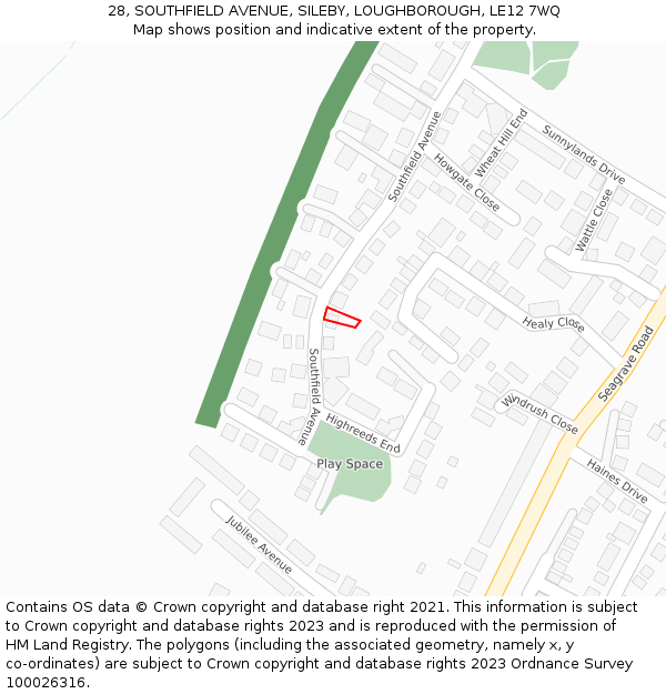 28, SOUTHFIELD AVENUE, SILEBY, LOUGHBOROUGH, LE12 7WQ: Location map and indicative extent of plot