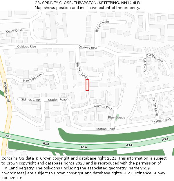 28, SPINNEY CLOSE, THRAPSTON, KETTERING, NN14 4LB: Location map and indicative extent of plot