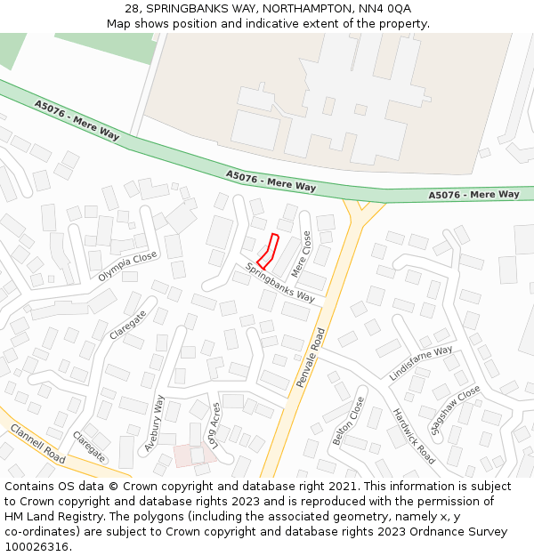 28, SPRINGBANKS WAY, NORTHAMPTON, NN4 0QA: Location map and indicative extent of plot