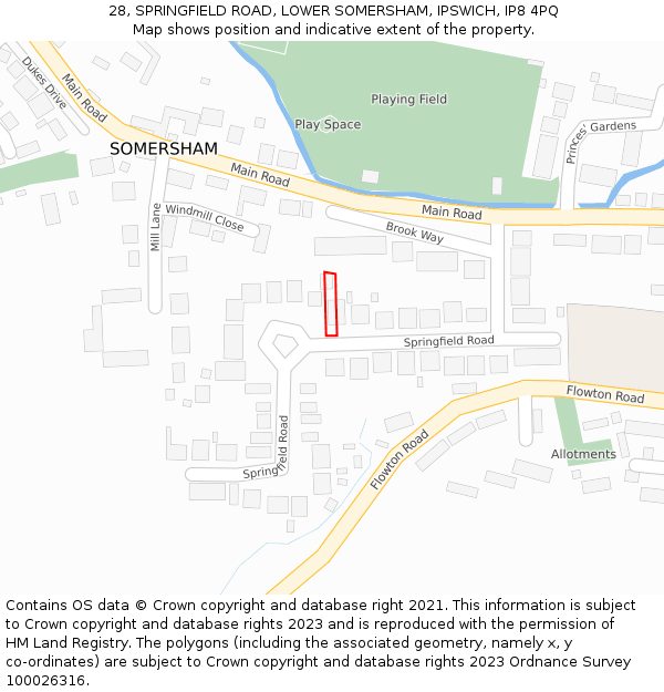 28, SPRINGFIELD ROAD, LOWER SOMERSHAM, IPSWICH, IP8 4PQ: Location map and indicative extent of plot